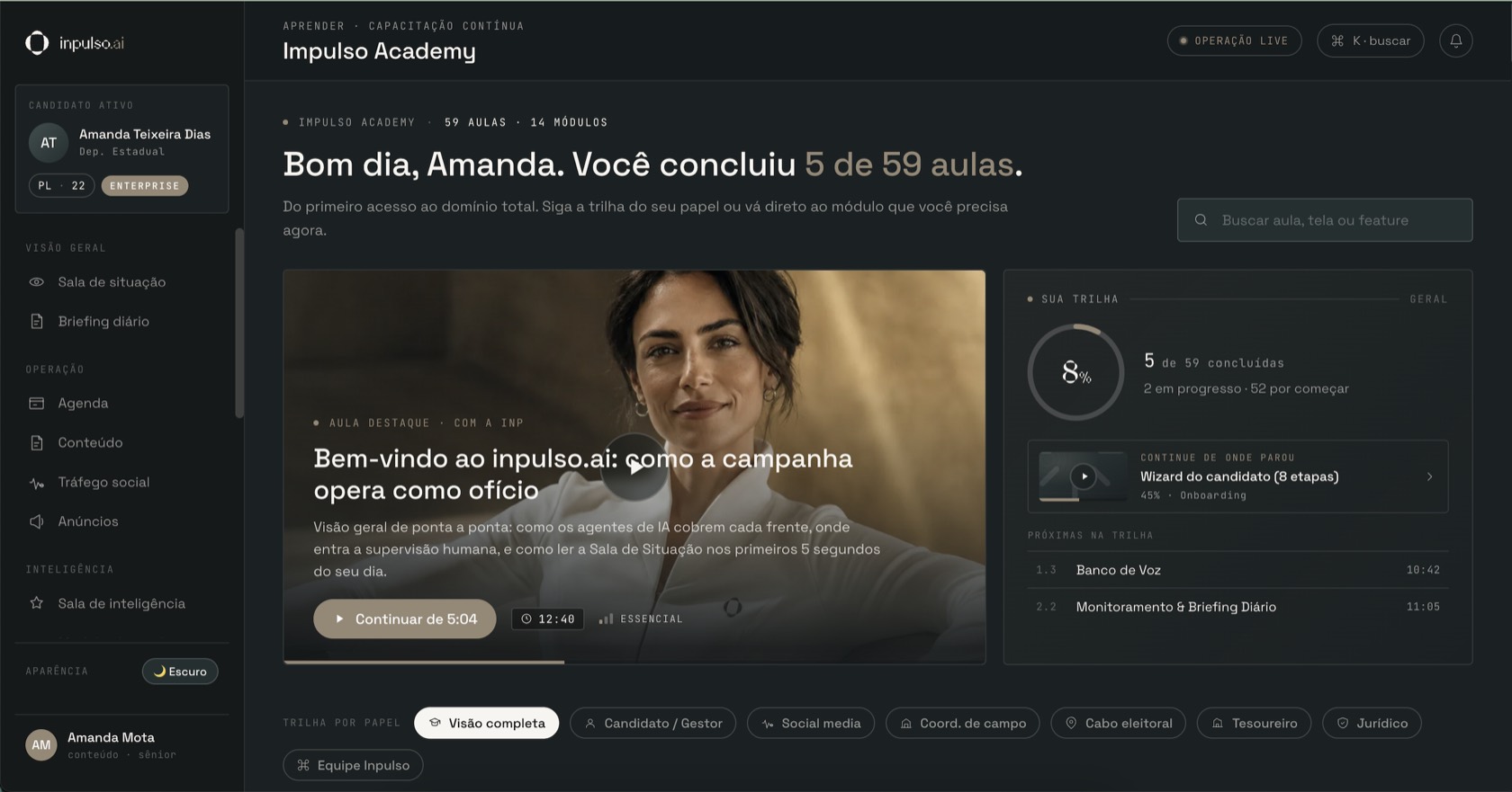 Interface do inpulso Academy: trilhas de aulas em vídeo